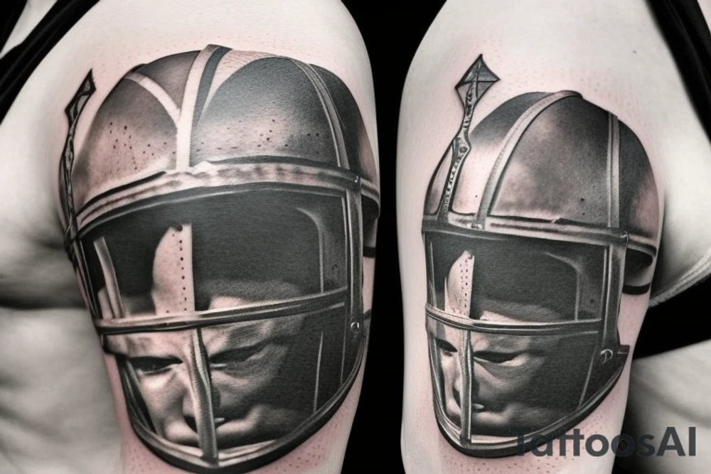 a gladiator in a helmet with a sword walks along the road leading from the colosseum, a distant view tattoo idea