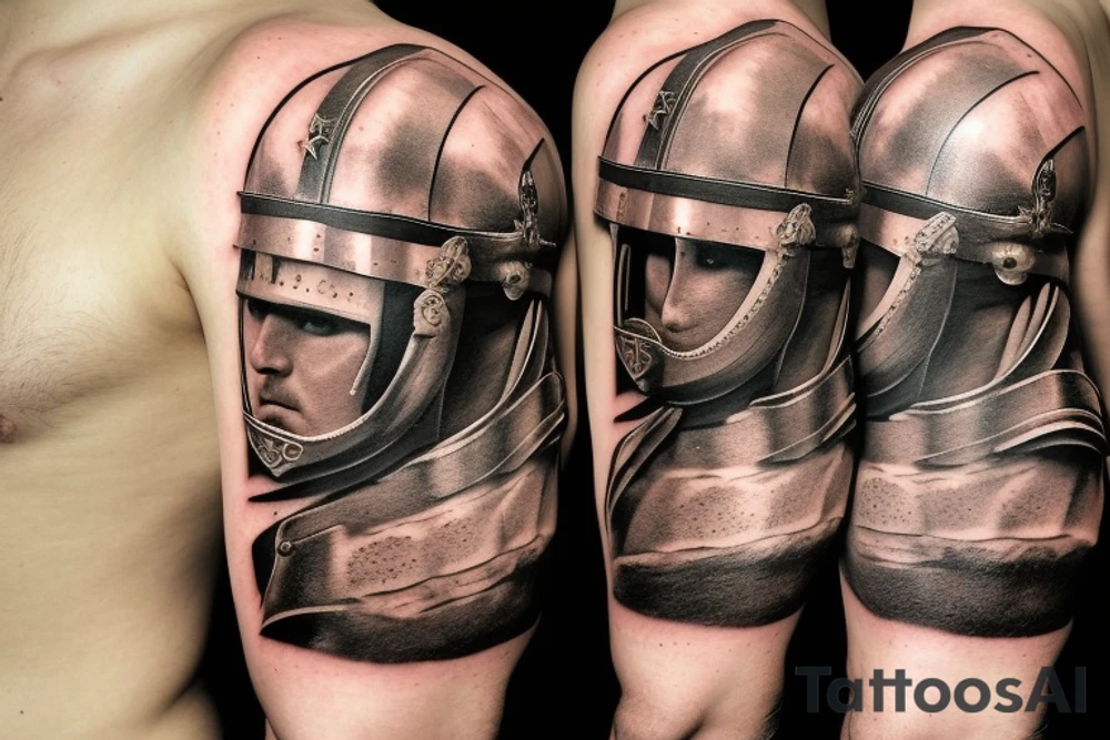 a gladiator in a helmet with a sword walks along the road leading from the colosseum, a distant view tattoo idea