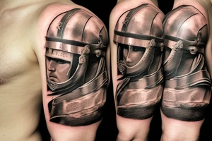 a gladiator in a helmet with a sword walks along the road leading from the colosseum, a distant view tattoo idea
