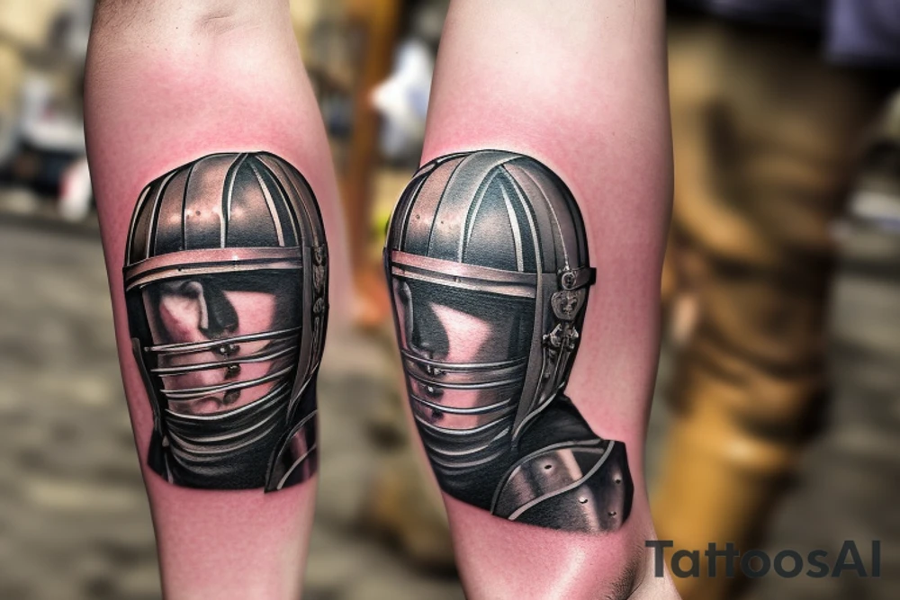 a gladiator in a helmet with a sword walks along the road leading from the colosseum, a distant view tattoo idea