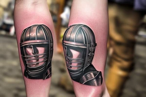 a gladiator in a helmet with a sword walks along the road leading from the colosseum, a distant view tattoo idea