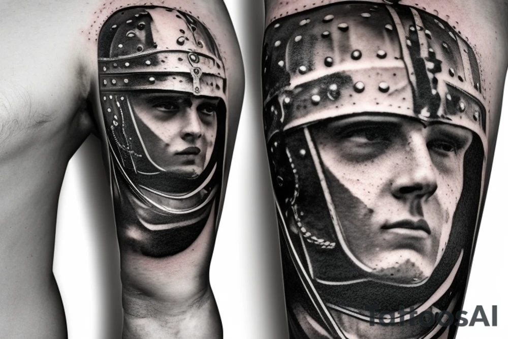 a gladiator in a helmet with a sword walks along the road leading from the colosseum, a distant view tattoo idea