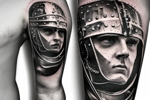 a gladiator in a helmet with a sword walks along the road leading from the colosseum, a distant view tattoo idea