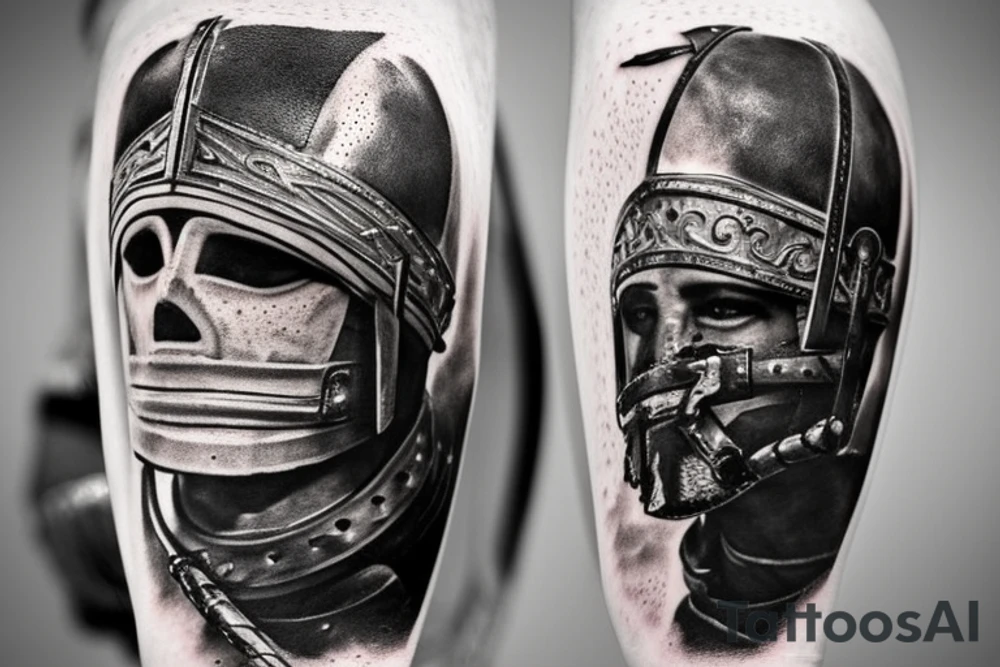 a gladiator in a helmet with a sword walks along the road leading from the colosseum, a distant view tattoo idea
