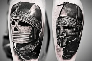 a gladiator in a helmet with a sword walks along the road leading from the colosseum, a distant view tattoo idea