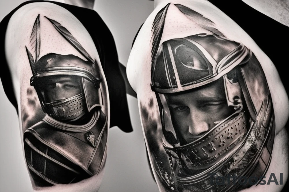 a gladiator in a helmet with a sword walks along the road leading from the colosseum, a distant view tattoo idea