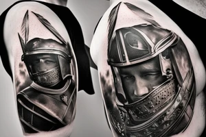 a gladiator in a helmet with a sword walks along the road leading from the colosseum, a distant view tattoo idea