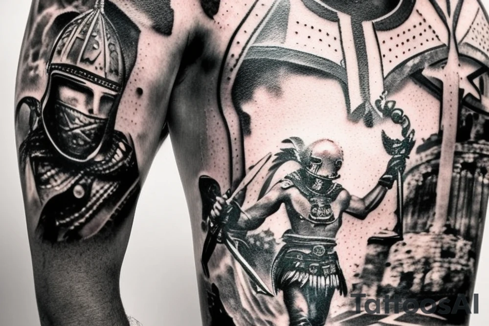 a gladiator in a helmet with a sword walks along the road leading from the colosseum, a distant view tattoo idea