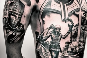 a gladiator in a helmet with a sword walks along the road leading from the colosseum, a distant view tattoo idea