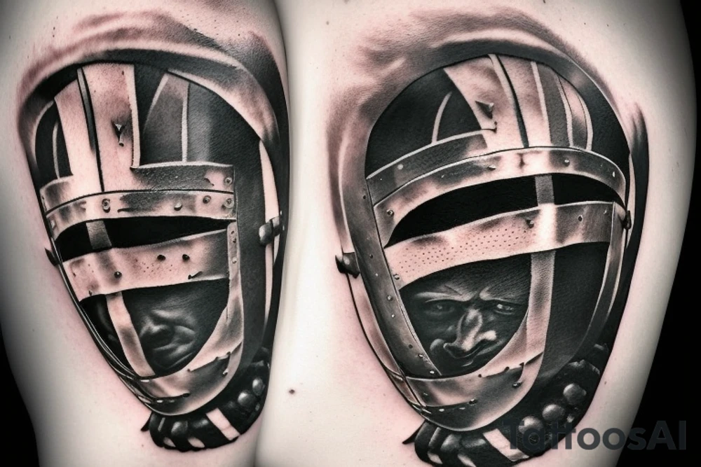 a gladiator in a helmet with a sword walks along the road leading from the colosseum, a distant view tattoo idea