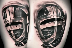 a gladiator in a helmet with a sword walks along the road leading from the colosseum, a distant view tattoo idea