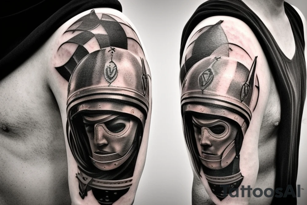 a gladiator in a helmet with a sword walks along the road leading from the coliseum, a distant view tattoo idea
