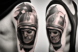 a gladiator in a helmet with a sword walks along the road leading from the coliseum, a distant view tattoo idea