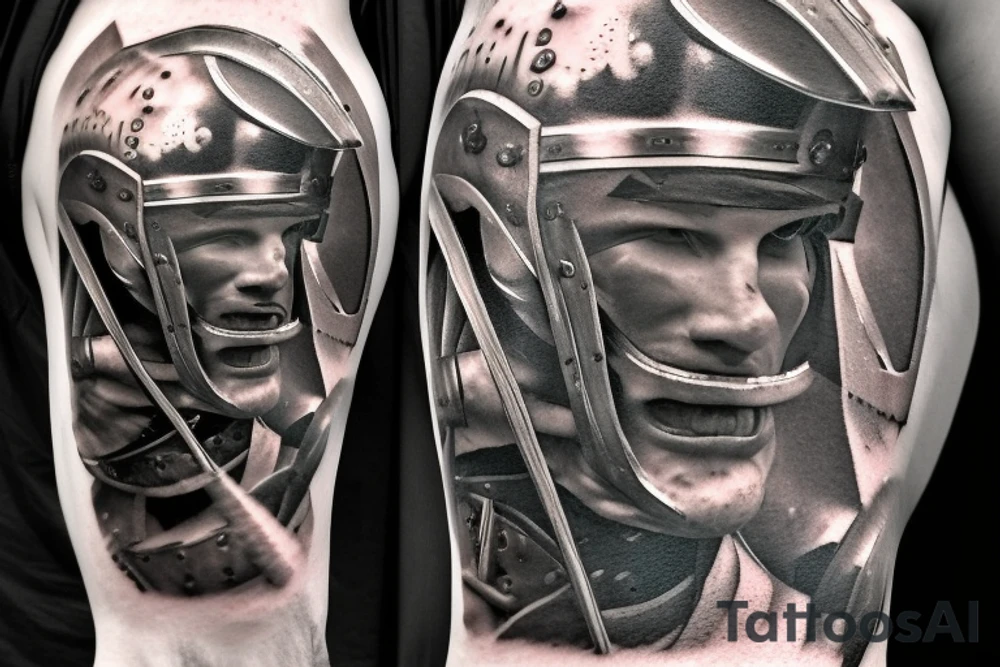 a gladiator in a helmet with a sword walks along the road leading from the coliseum, a distant view tattoo idea