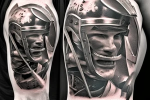 a gladiator in a helmet with a sword walks along the road leading from the coliseum, a distant view tattoo idea