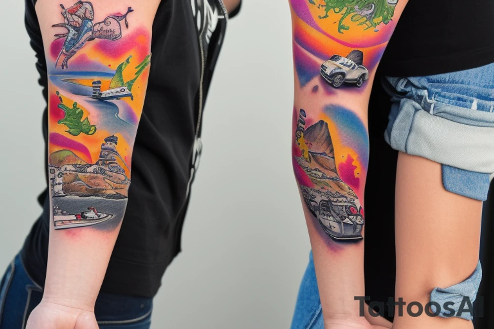 Bright tattoo sleeve for the photographer. You need to show different moments: Santorini island, camera, blonde girl, snowboard, skateboard, plane, travel, vw new beettle, sea, volcano, islands, tattoo idea