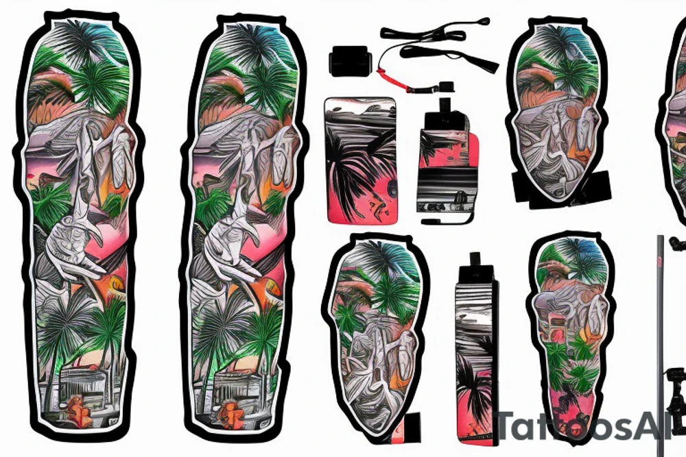 Bright tattoo sleeve for the photographer. Santorini, camera, skateboard, palm trees, Volkswagen New Beetle, volcano tattoo idea