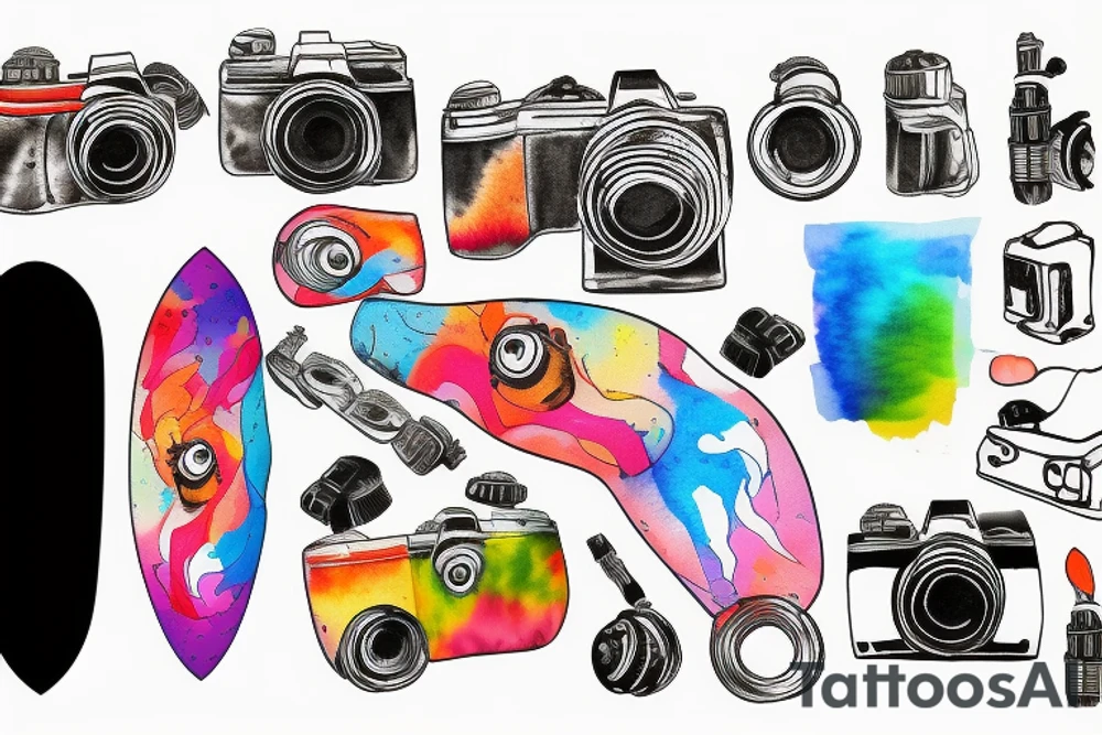 Bright tattoo sleeve for the photographer. Santorini, camera, skateboard, palm trees, Volkswagen New Beetle, volcano tattoo idea
