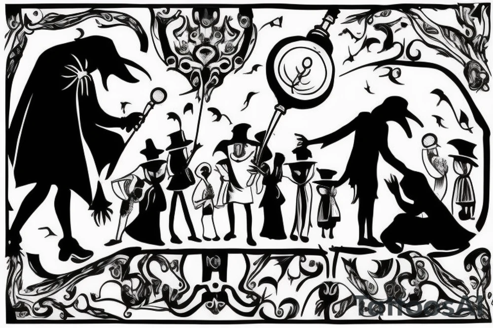 plague doctor holding a lantern and people around praying on him tattoo idea