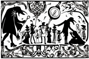 plague doctor holding a lantern and people around praying on him tattoo idea