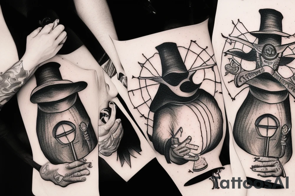 plague doctor holding a lantern and people around praying on him tattoo idea
