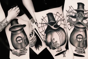 plague doctor holding a lantern and people around praying on him tattoo idea