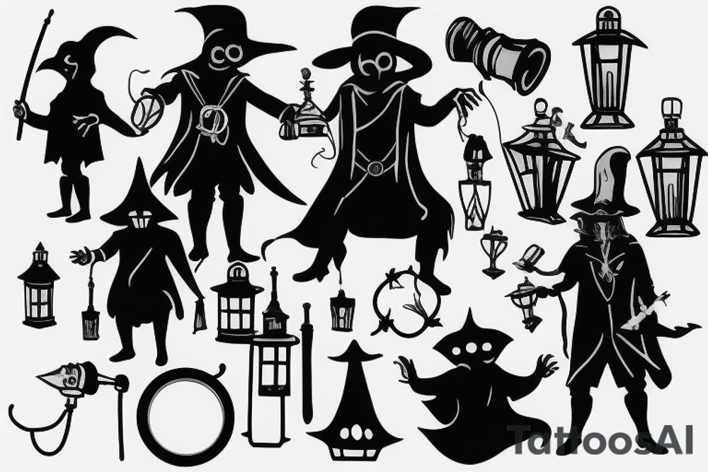 plague doctor holding a lantern and people around praying on him tattoo idea