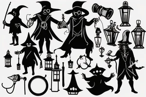 plague doctor holding a lantern and people around praying on him tattoo idea