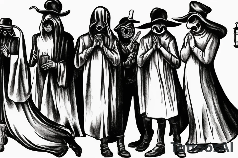 plague doctor holding a lantern and people around praying on him tattoo idea