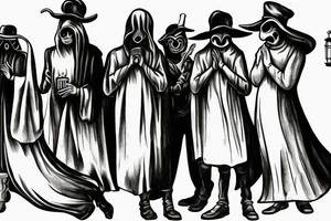 plague doctor holding a lantern and people around praying on him tattoo idea