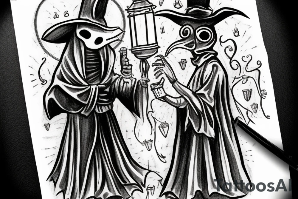 plague doctor holding a lantern and people around praying on him tattoo idea