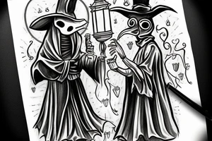 plague doctor holding a lantern and people around praying on him tattoo idea