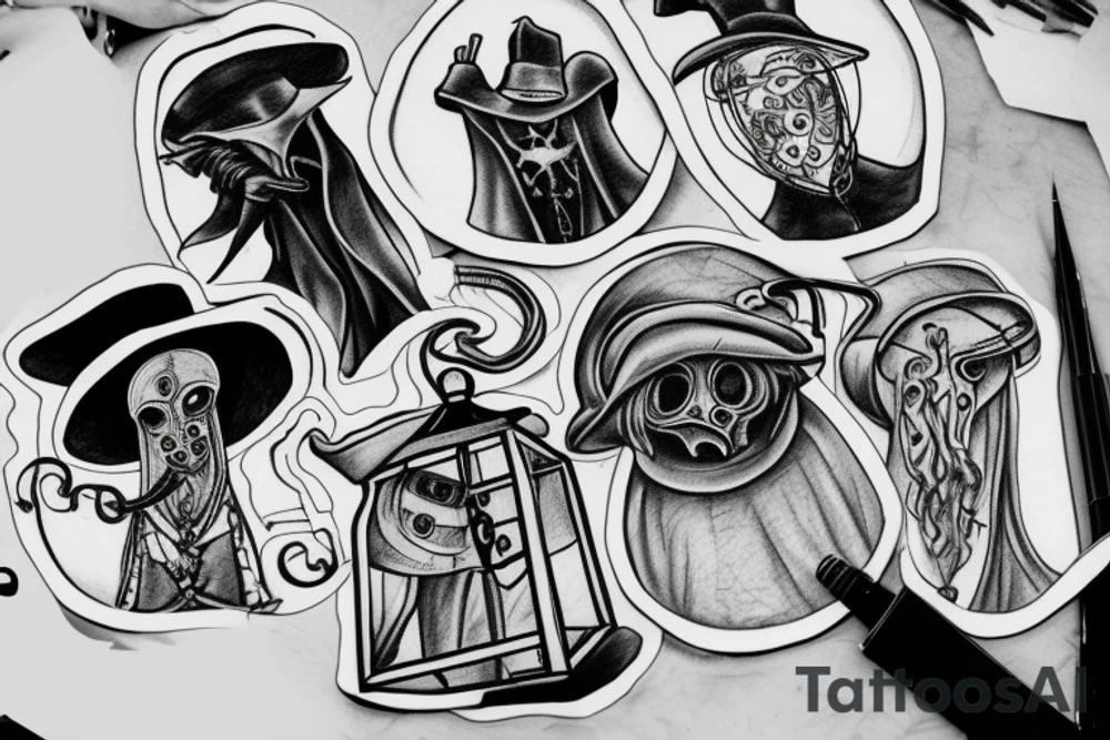 plague doctor holding a lantern and people around praying on him tattoo idea