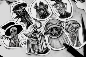 plague doctor holding a lantern and people around praying on him tattoo idea