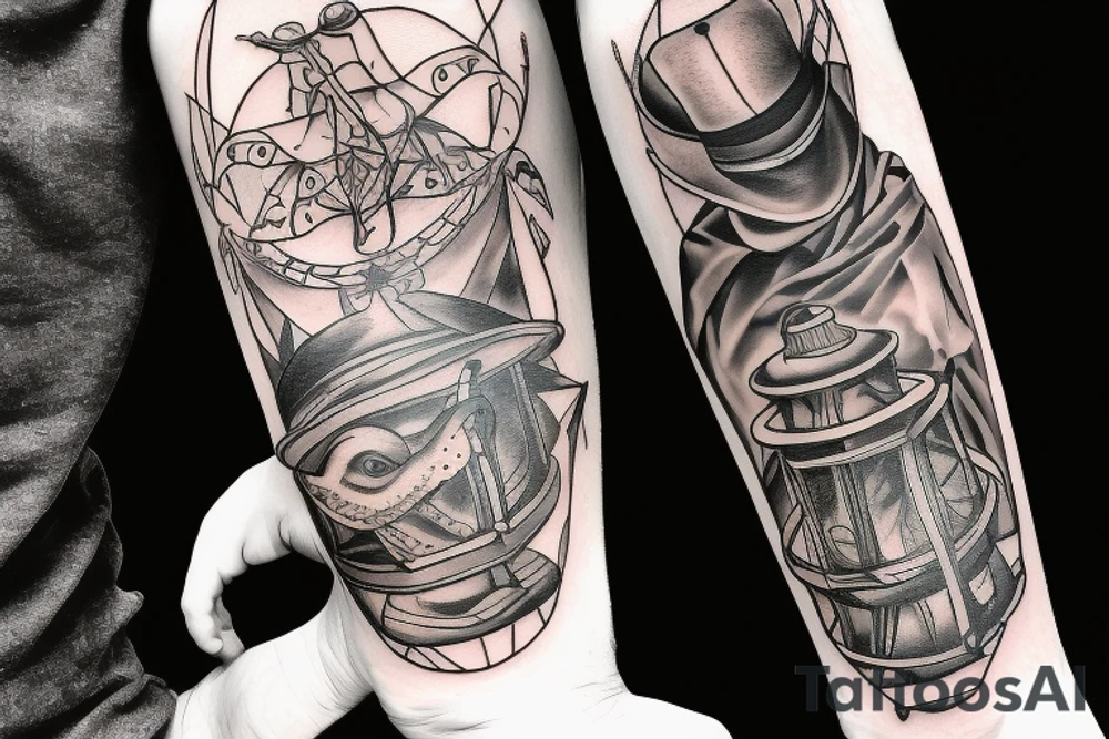 plague doctor holding a lantern and people around praying on him tattoo idea