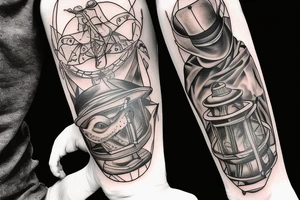 plague doctor holding a lantern and people around praying on him tattoo idea
