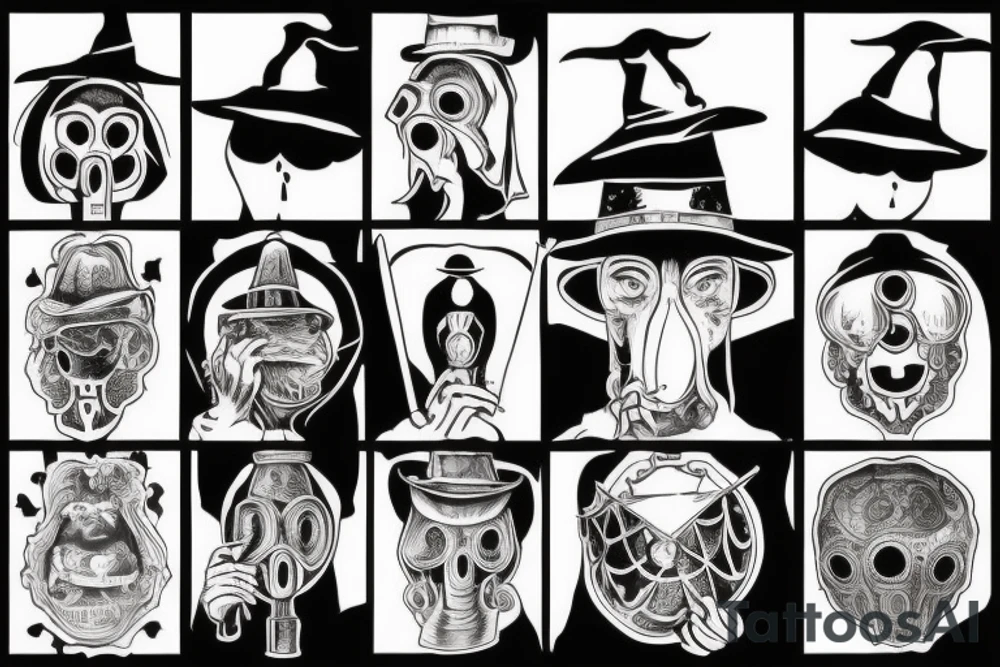 plague doctor holding a lantern and people around praying on him tattoo idea