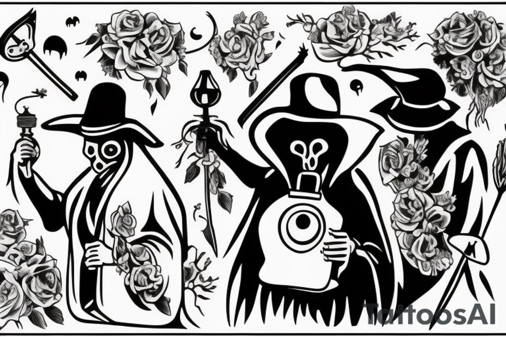 plague doctor holding a lantern and people around praying on him tattoo idea