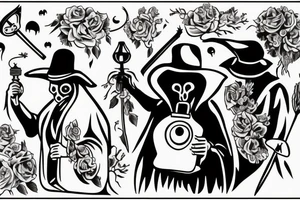 plague doctor holding a lantern and people around praying on him tattoo idea