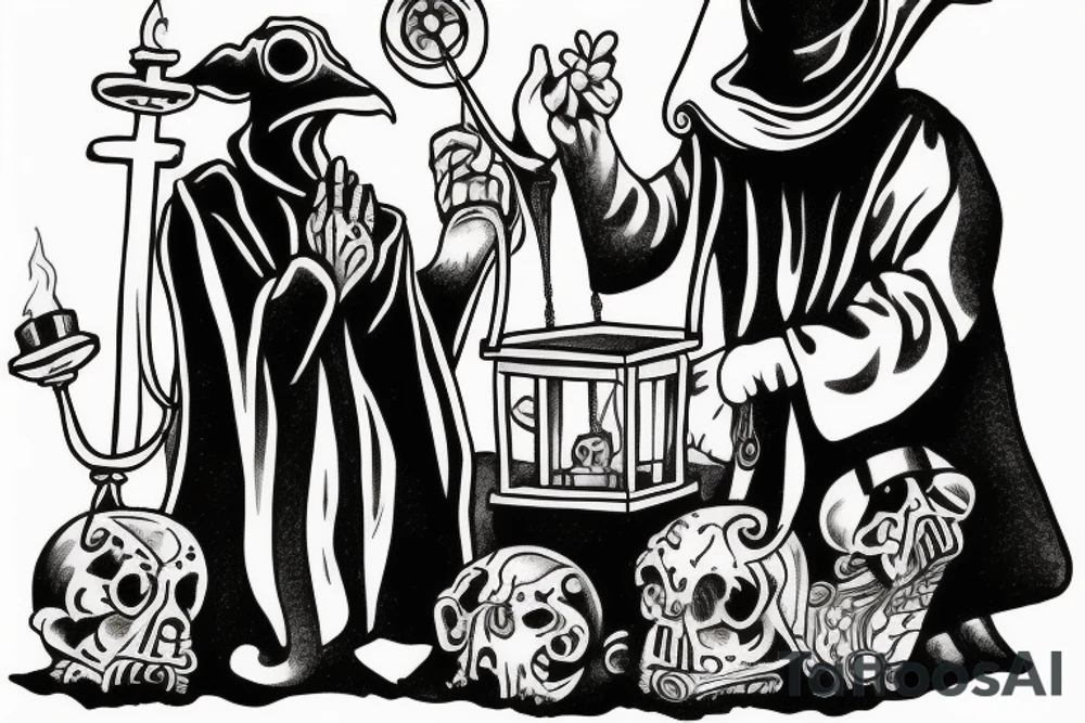 plague doctor holding a lantern and people around praying on him tattoo idea