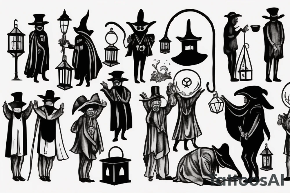 plague doctor holding a lantern and people around praying on him tattoo idea