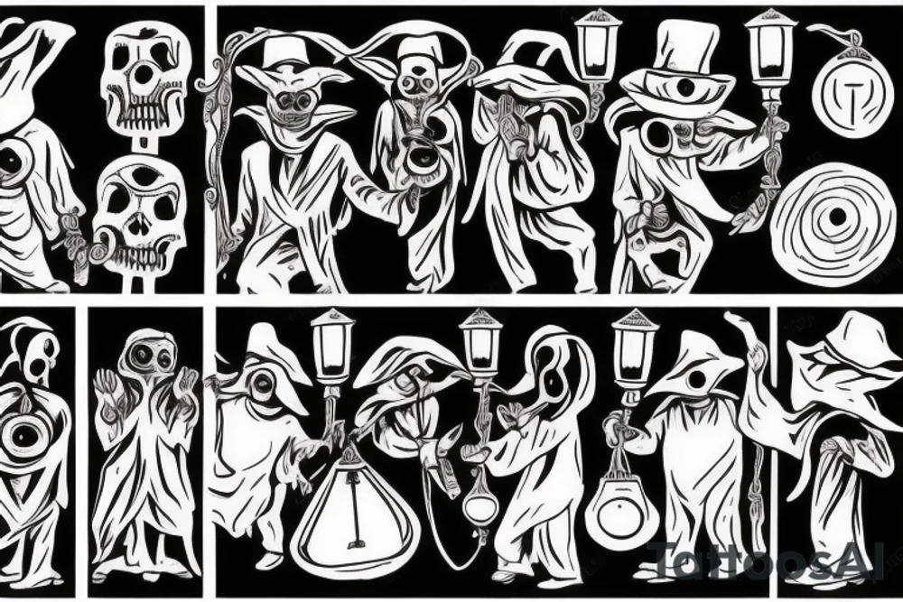 plague doctor holding a lantern and people around praying on him tattoo idea