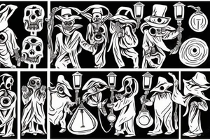 plague doctor holding a lantern and people around praying on him tattoo idea