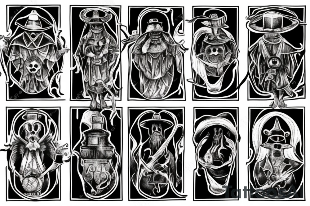 plague doctor holding a lantern and people around praying on him, whole arm tattoo tattoo idea