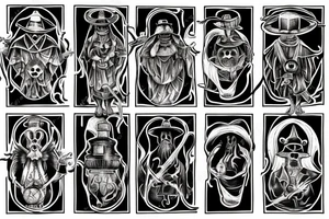 plague doctor holding a lantern and people around praying on him, whole arm tattoo tattoo idea