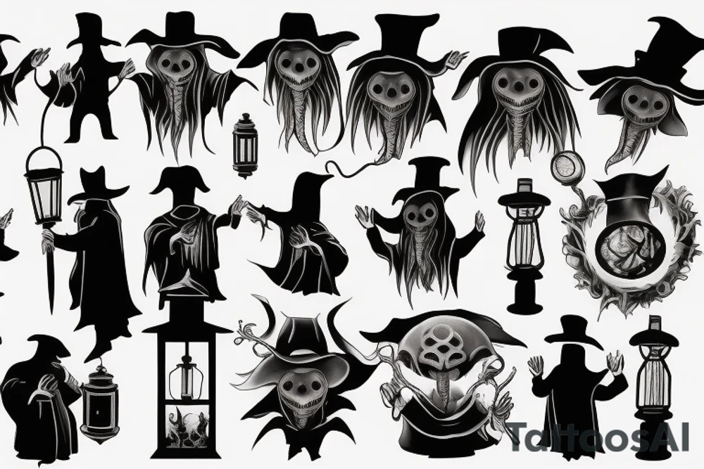 plague doctor holding a lantern and people around praying on him, whole arm tattoo tattoo idea