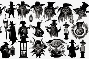 plague doctor holding a lantern and people around praying on him, whole arm tattoo tattoo idea