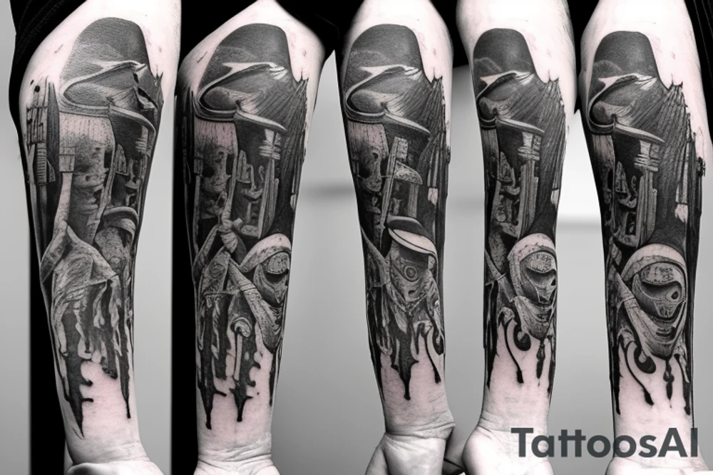 plague doctor and people around praying on him, whole arm tattoo tattoo idea