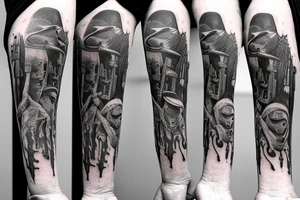 plague doctor and people around praying on him, whole arm tattoo tattoo idea