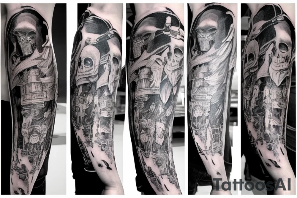 plague doctor and people around praying on him, whole arm tattoo tattoo idea